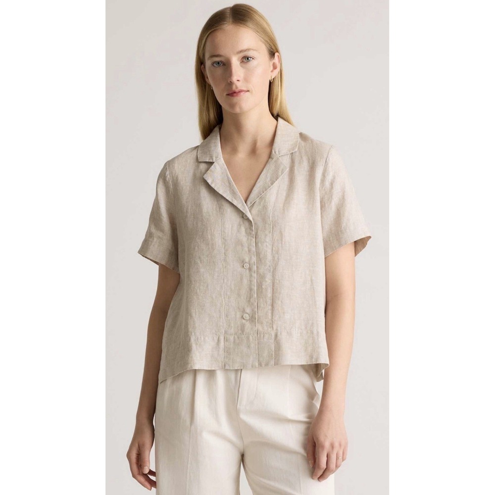 Quince Lot of 2 100% European Linen Short Sleeve Shirt XS Cropped Teal & Tan - Picture 10 of 10
